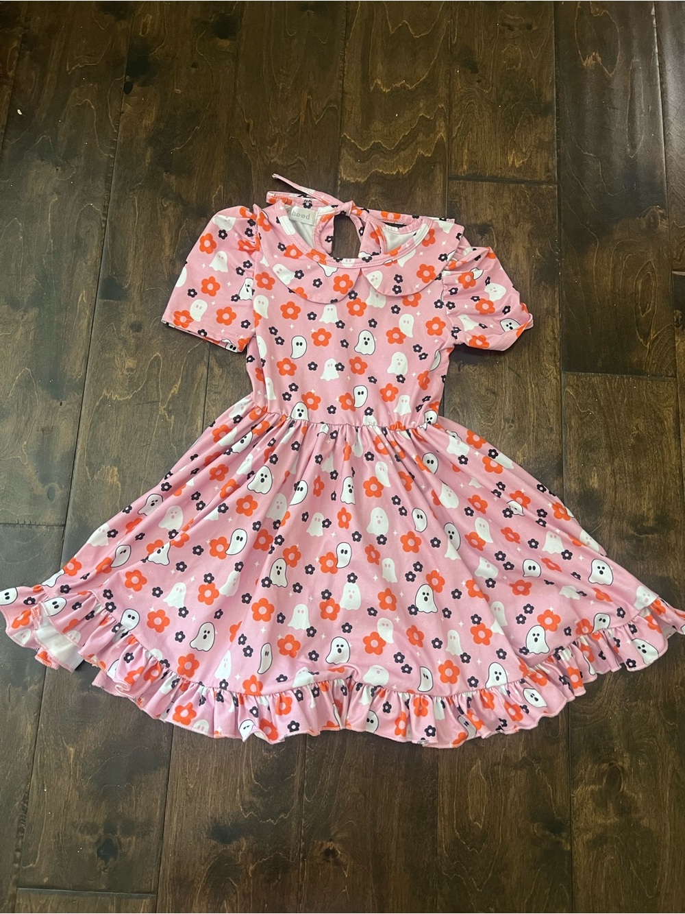 Girls' Pink Floral & Ghost Ruffle Dress with Peter Pan Collar